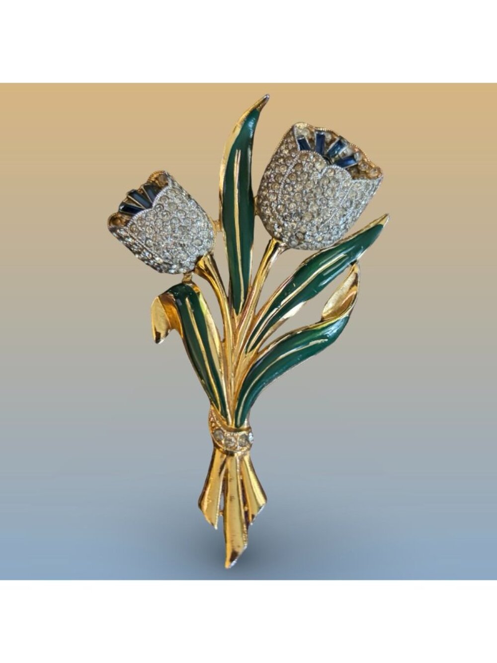 Coro Double Tulip Enamel Rhinestone Tulip Bouquet Brooch Adolph Katz Mid Century